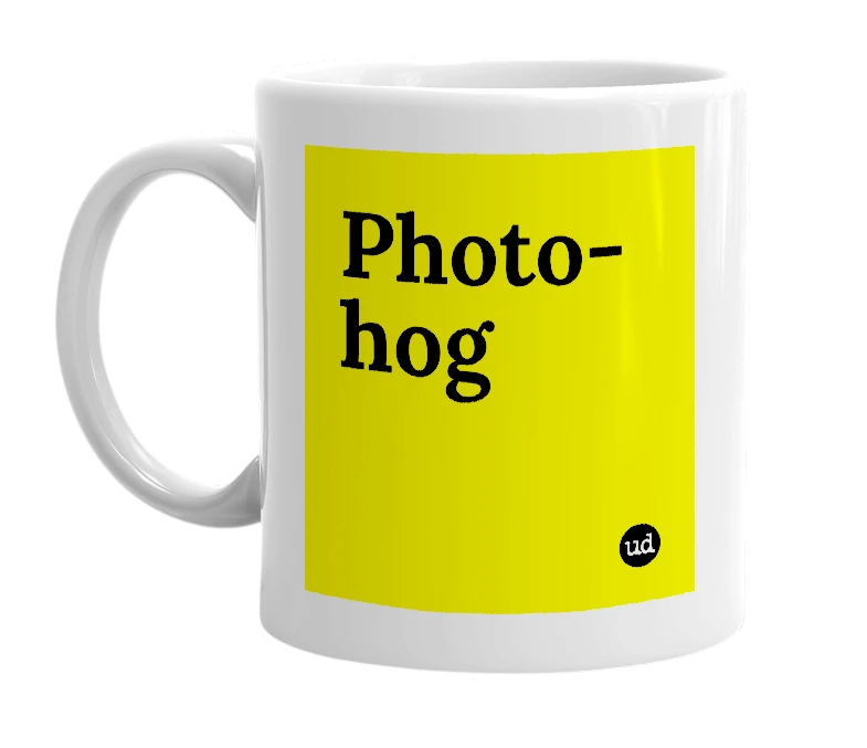 White mug with 'Photo-hog' in bold black letters