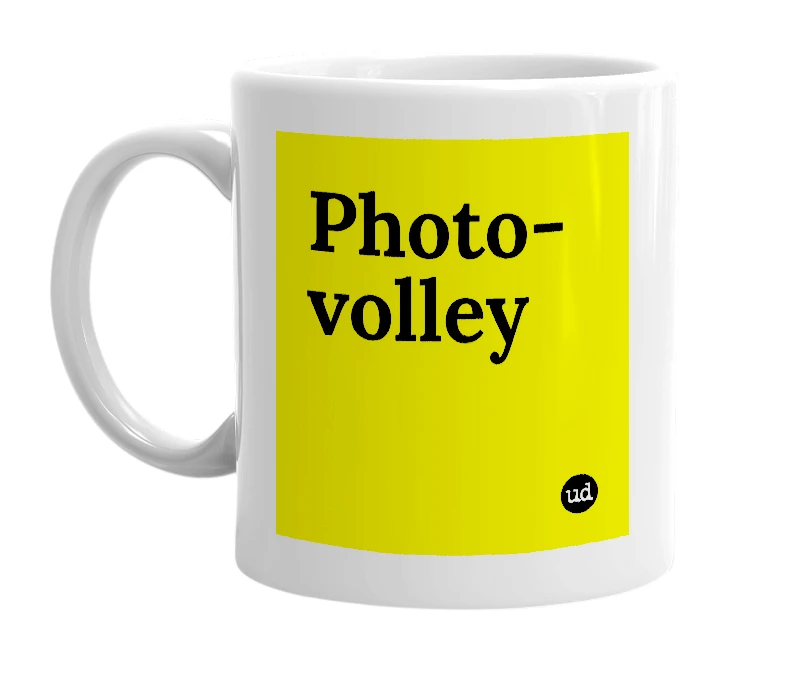 White mug with 'Photo-volley' in bold black letters