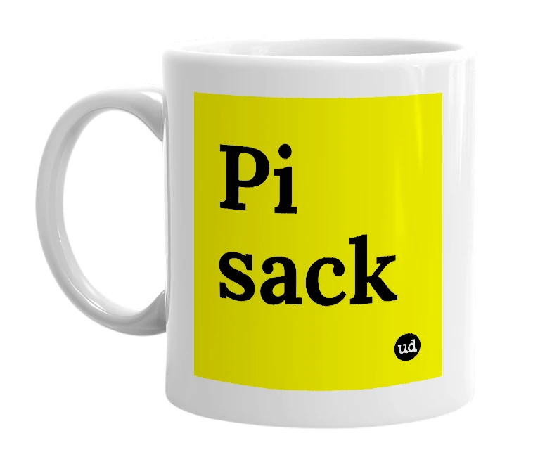 White mug with 'Pi sack' in bold black letters