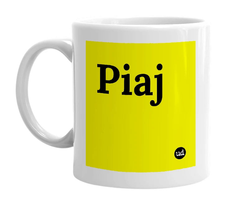 White mug with 'Piaj' in bold black letters