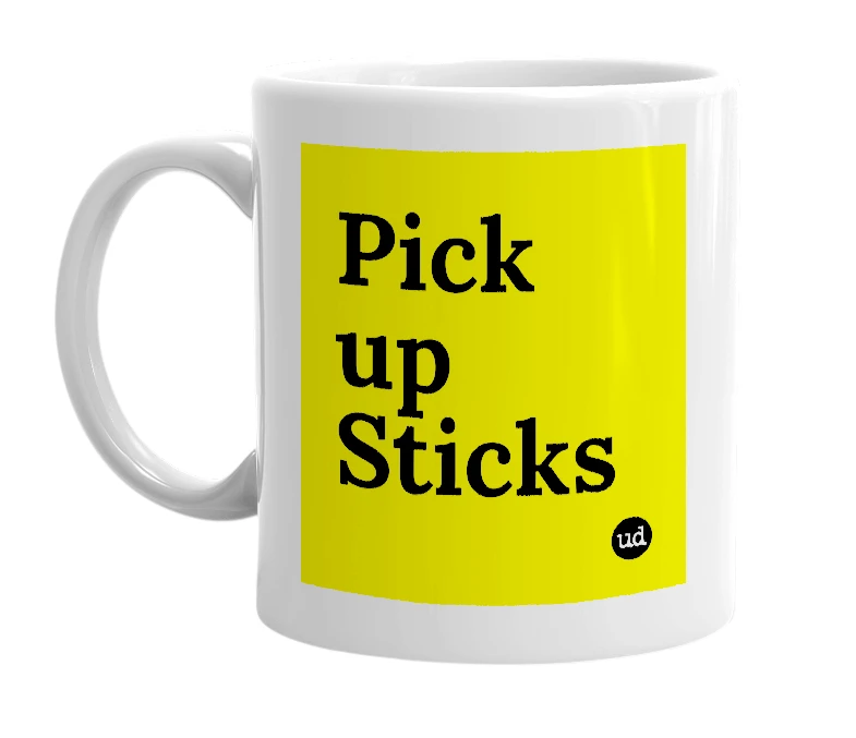 White mug with 'Pick up Sticks' in bold black letters