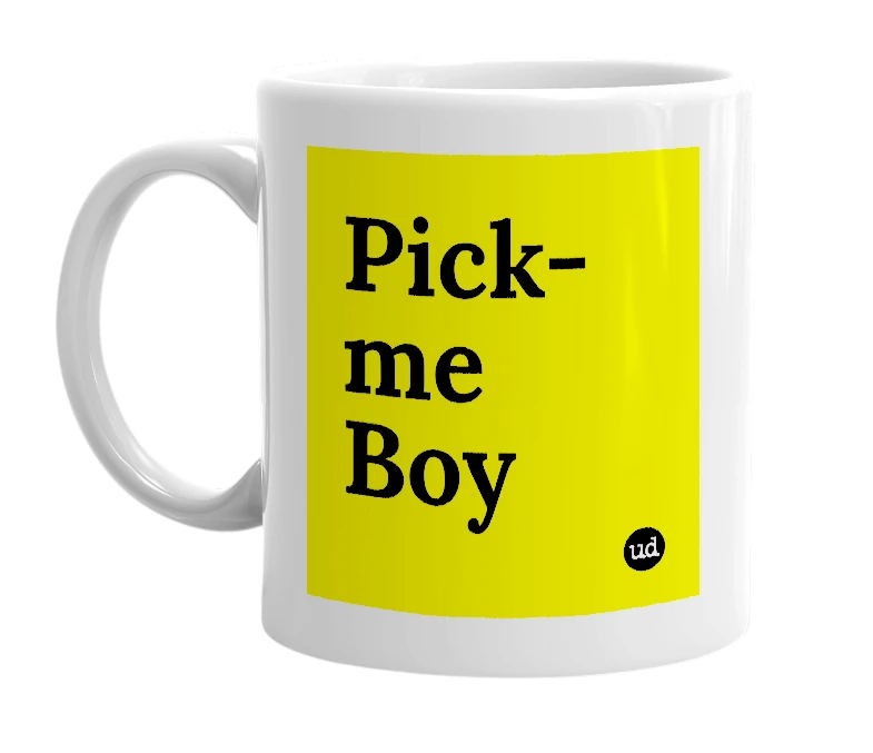 White mug with 'Pick-me Boy' in bold black letters