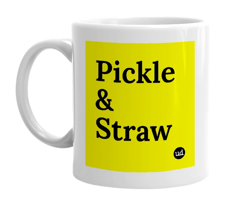 White mug with 'Pickle & Straw' in bold black letters