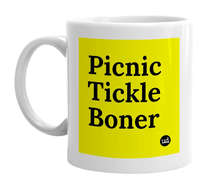 White mug with 'Picnic Tickle Boner' in bold black letters