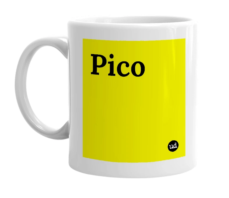 White mug with 'Pico' in bold black letters