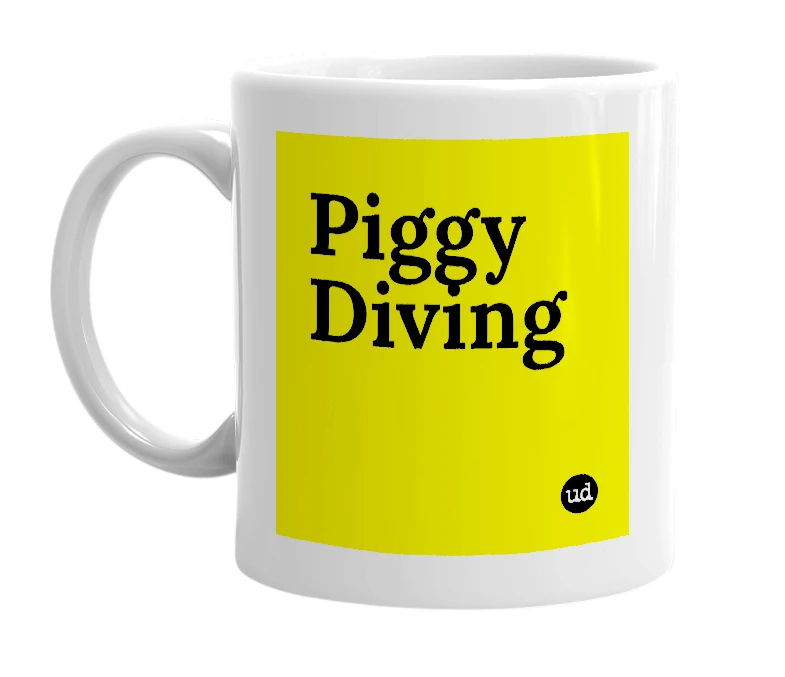 White mug with 'Piggy Diving' in bold black letters