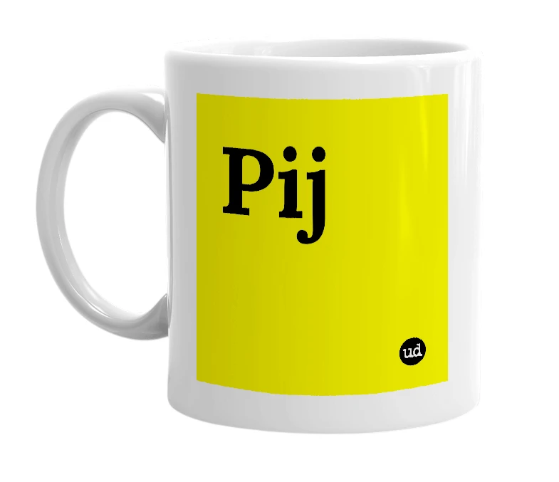 White mug with 'Pij' in bold black letters