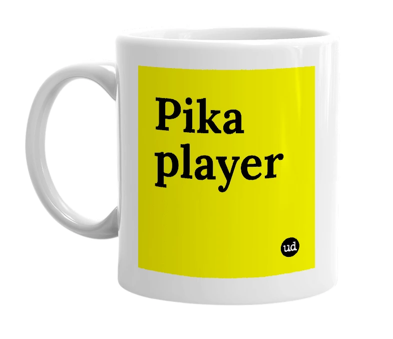 White mug with 'Pika player' in bold black letters