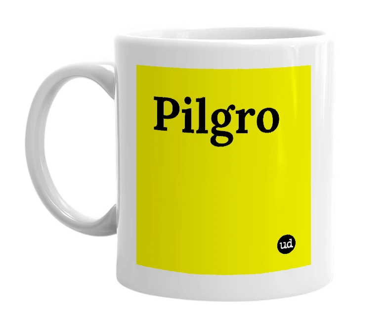 White mug with 'Pilgro' in bold black letters