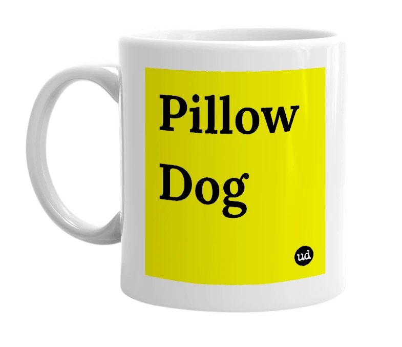 White mug with 'Pillow Dog' in bold black letters