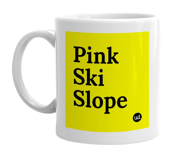 White mug with 'Pink Ski Slope' in bold black letters