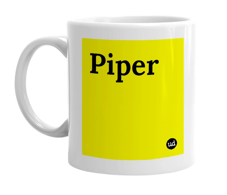 White mug with 'Piper' in bold black letters