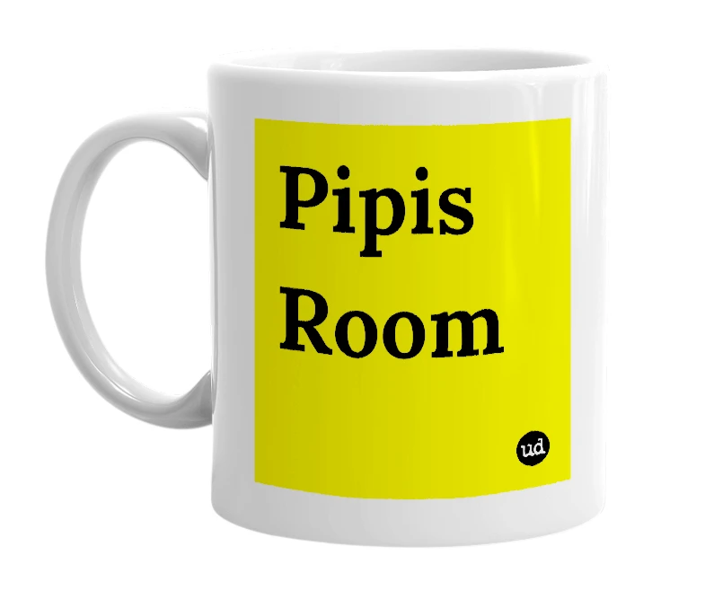 White mug with 'Pipis Room' in bold black letters