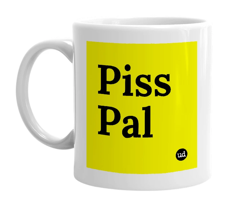 White mug with 'Piss Pal' in bold black letters