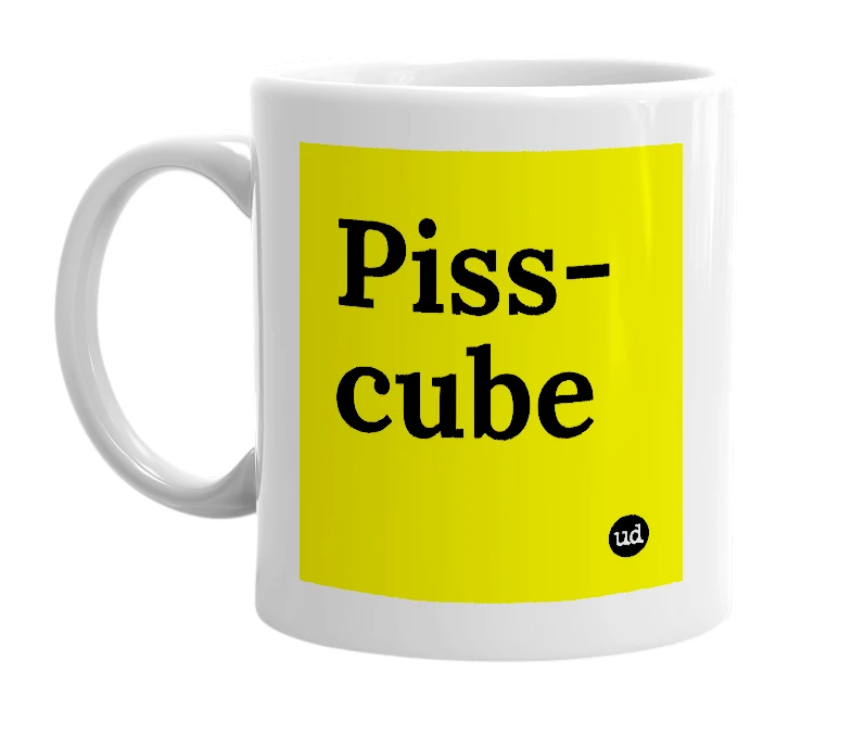 White mug with 'Piss-cube' in bold black letters