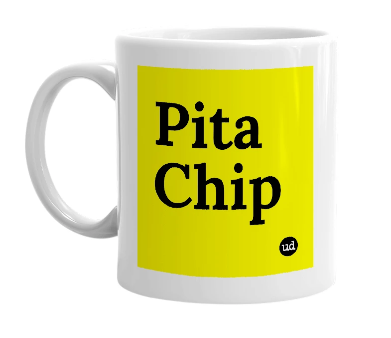 White mug with 'Pita Chip' in bold black letters