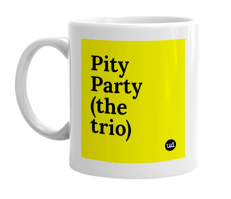 White mug with 'Pity Party (the trio)' in bold black letters