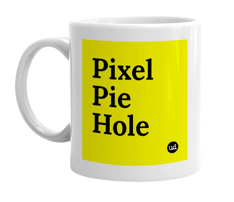 White mug with 'Pixel Pie Hole' in bold black letters
