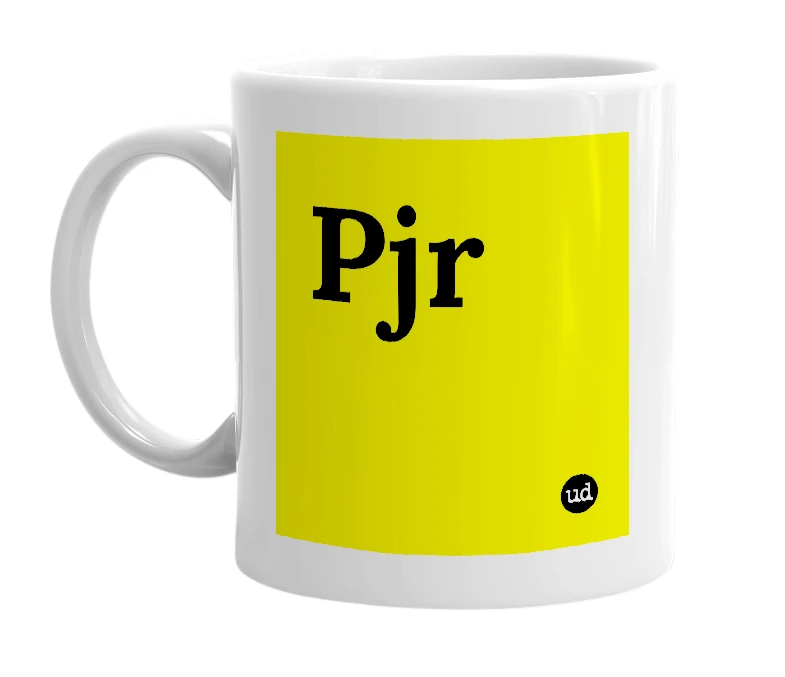 White mug with 'Pjr' in bold black letters