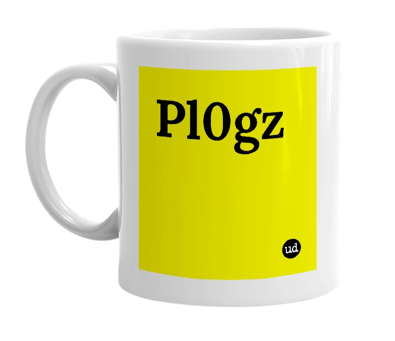White mug with 'Pl0gz' in bold black letters