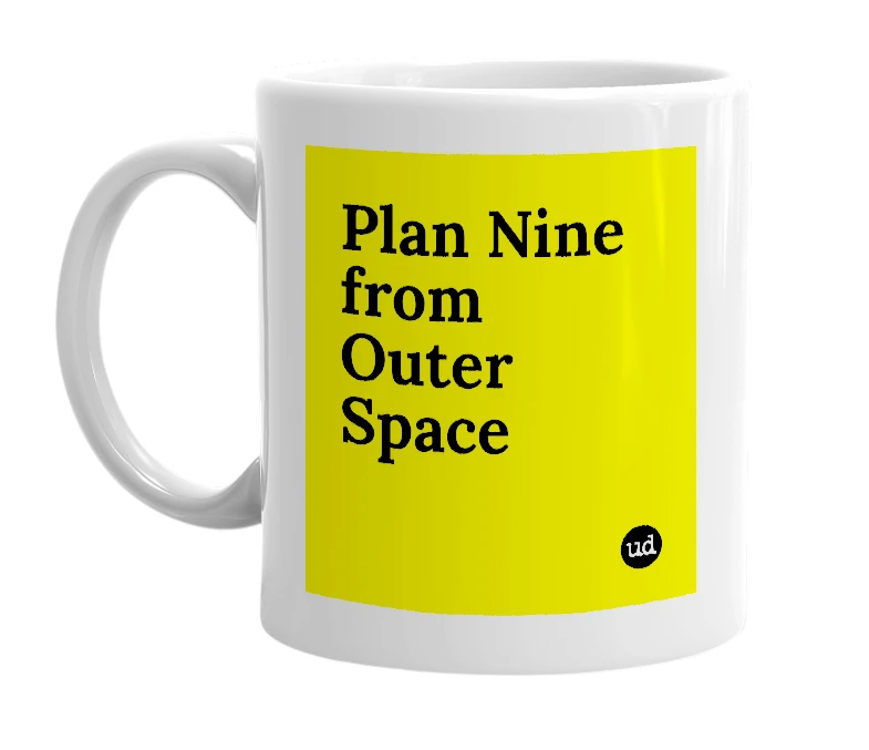 White mug with 'Plan Nine from Outer Space' in bold black letters