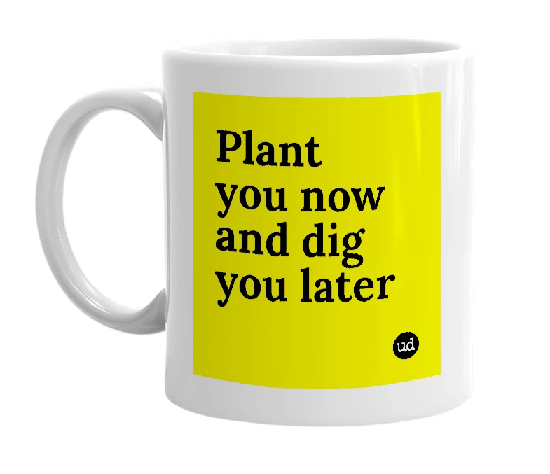 White mug with 'Plant you now and dig you later' in bold black letters