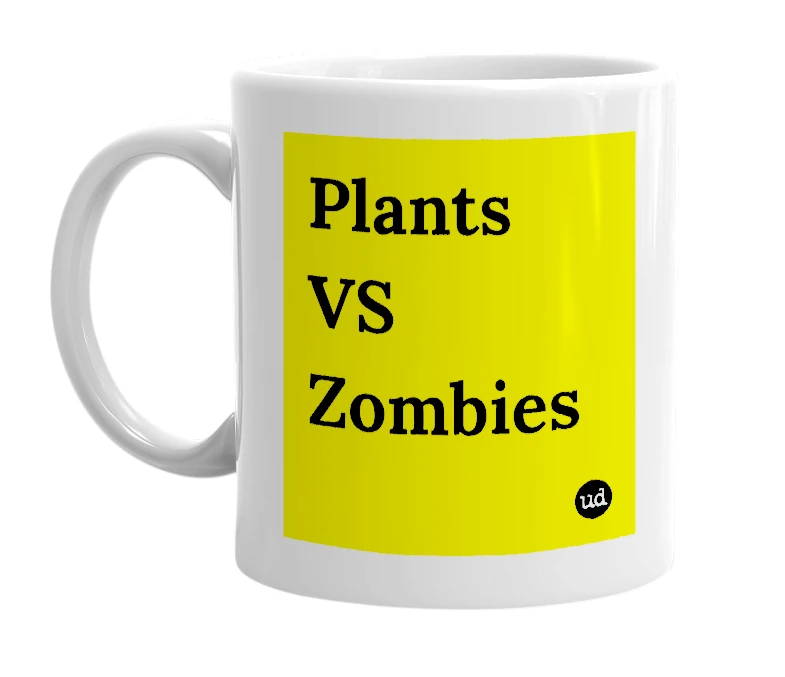 White mug with 'Plants VS Zombies' in bold black letters