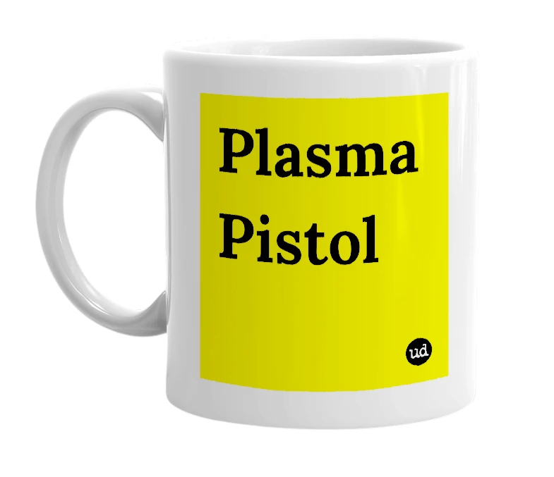 White mug with 'Plasma Pistol' in bold black letters