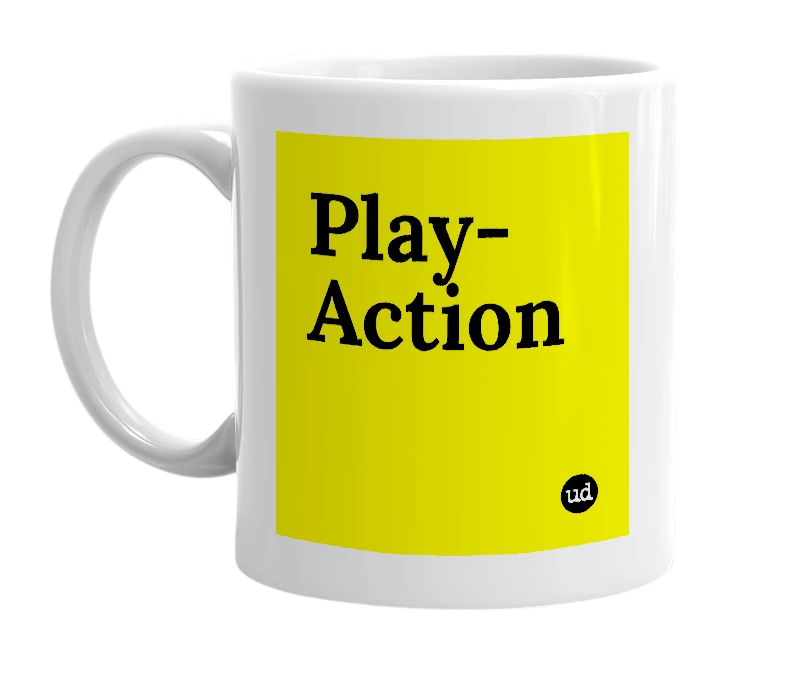 White mug with 'Play-Action' in bold black letters