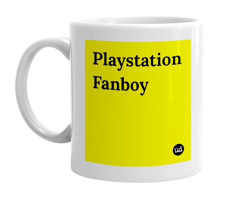 White mug with 'Playstation Fanboy' in bold black letters