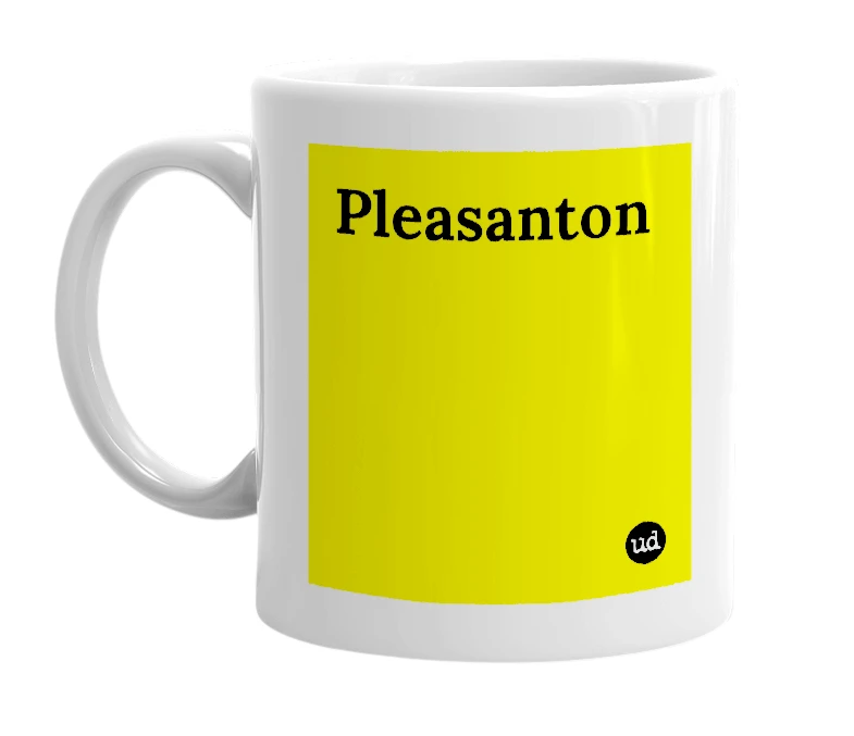 White mug with 'Pleasanton' in bold black letters