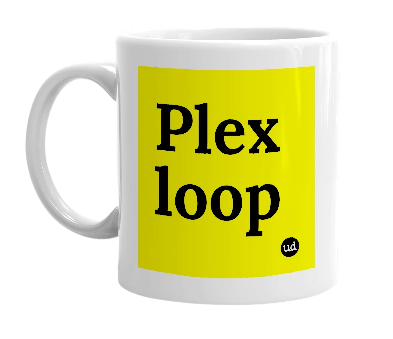 White mug with 'Plex loop' in bold black letters
