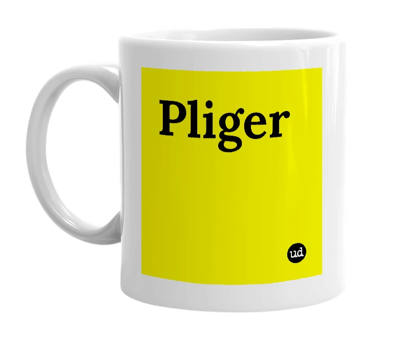 White mug with 'Pliger' in bold black letters