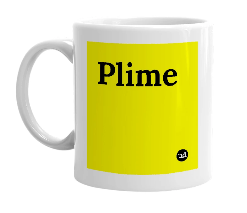 White mug with 'Plime' in bold black letters