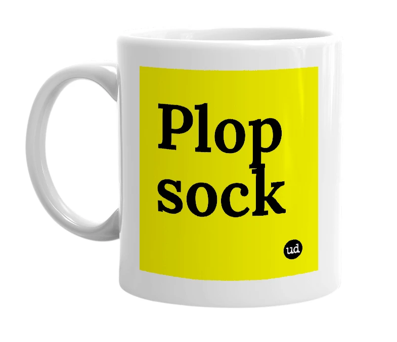 White mug with 'Plop sock' in bold black letters