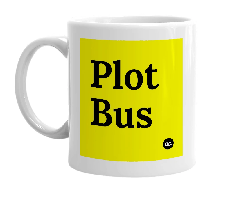 White mug with 'Plot Bus' in bold black letters