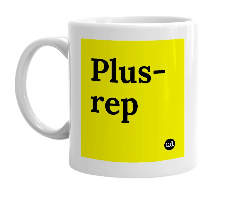 White mug with 'Plus-rep' in bold black letters