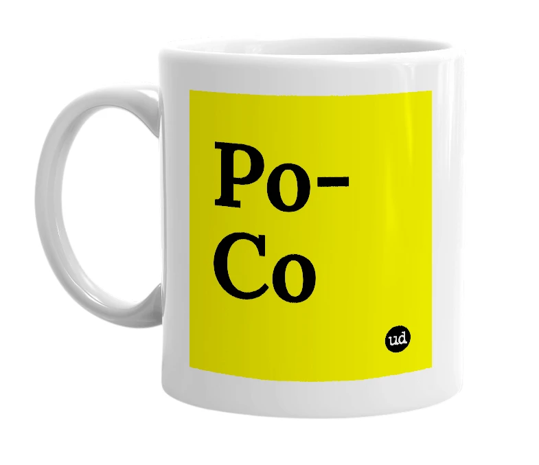 White mug with 'Po-Co' in bold black letters