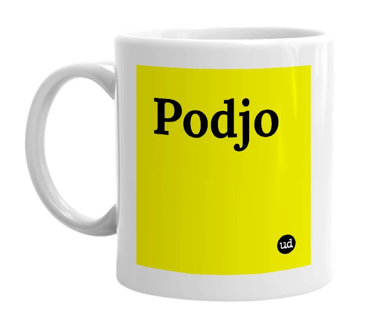 White mug with 'Podjo' in bold black letters