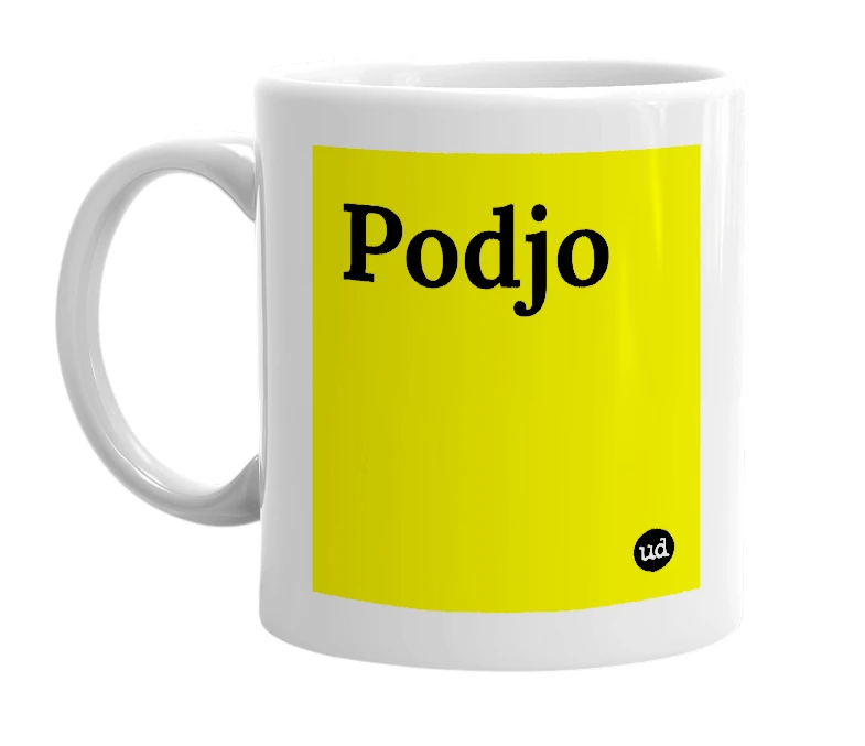 White mug with 'Podjo' in bold black letters