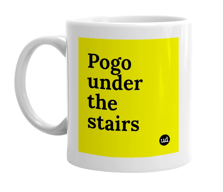 White mug with 'Pogo under the stairs' in bold black letters