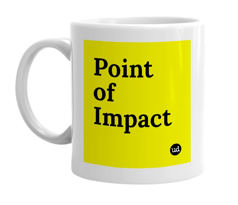 White mug with 'Point of Impact' in bold black letters