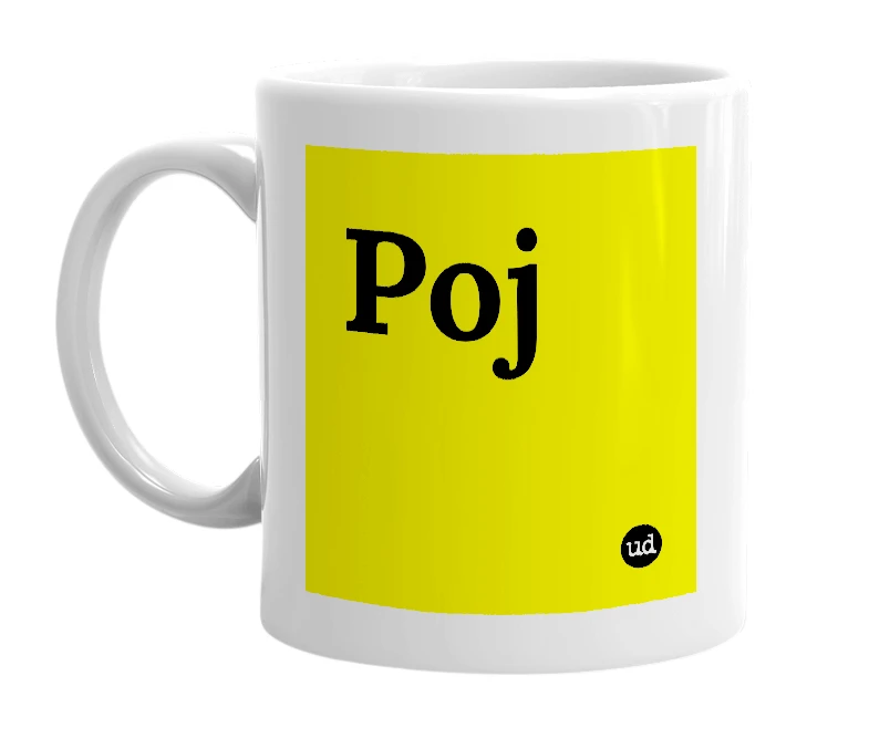 White mug with 'Poj' in bold black letters