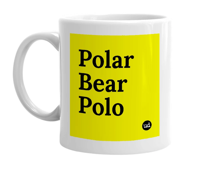 White mug with 'Polar Bear Polo' in bold black letters