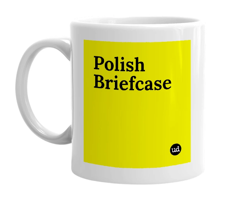 White mug with 'Polish Briefcase' in bold black letters