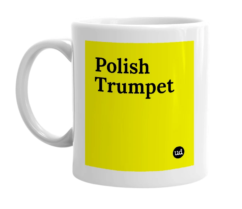 White mug with 'Polish Trumpet' in bold black letters