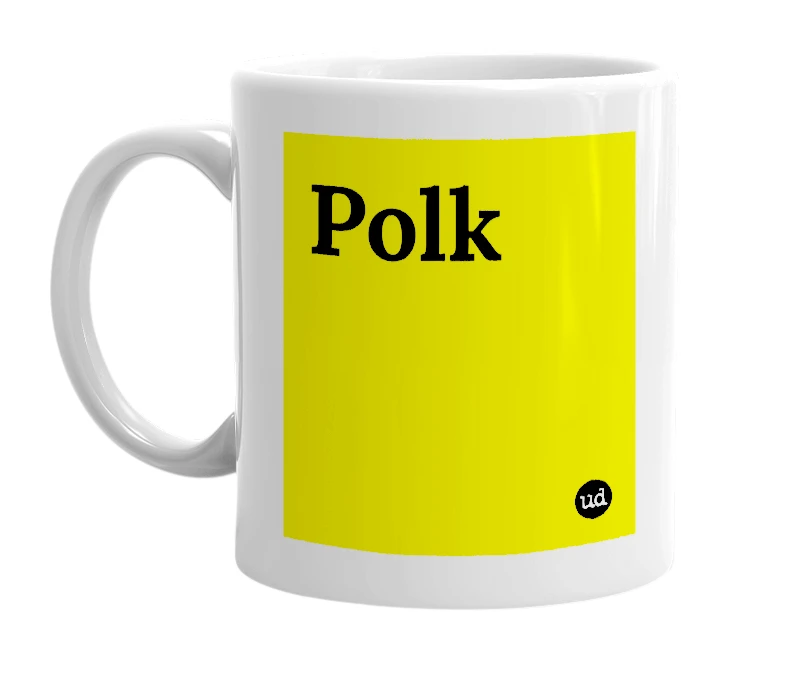 White mug with 'Polk' in bold black letters