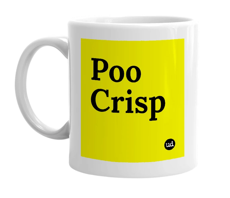 White mug with 'Poo Crisp' in bold black letters