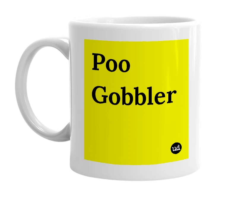 White mug with 'Poo Gobbler' in bold black letters