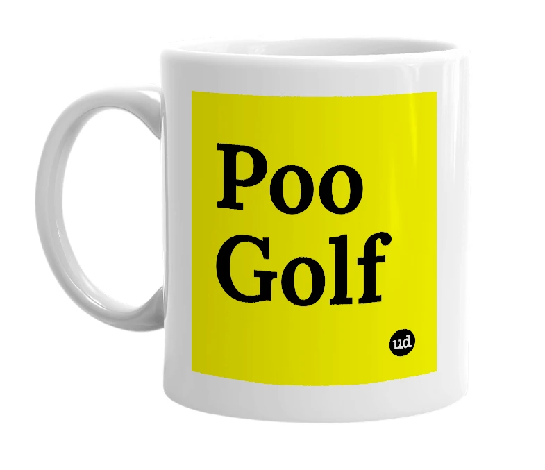 White mug with 'Poo Golf' in bold black letters